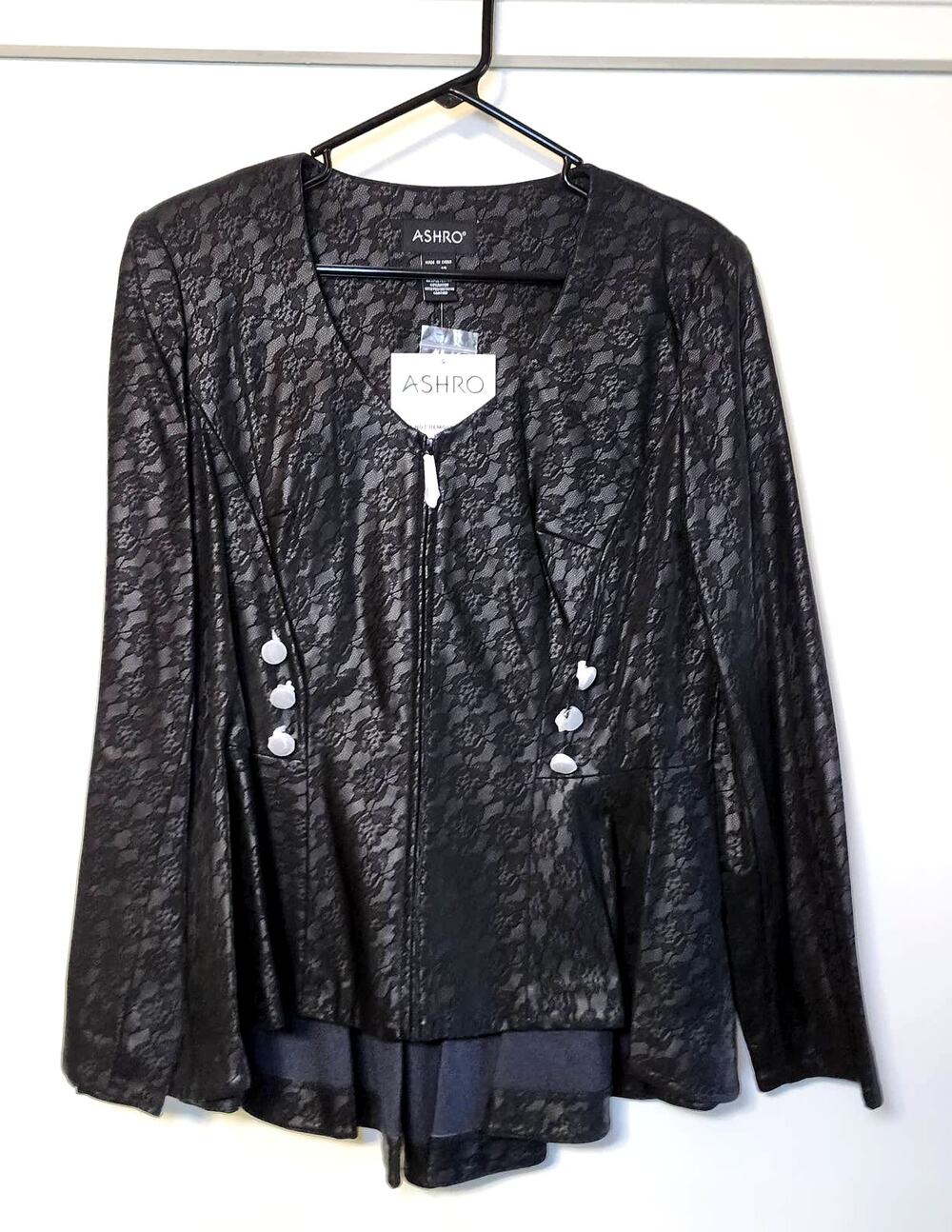 NWT Ashro Faux Leather Tunic Jacket Black Lace Button Accents Size 12